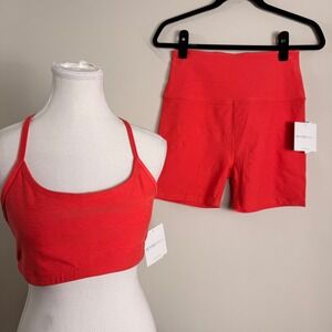 Beyond Yoga Spacedye Racerback Bra and High Waisted Biker Short Set Coral Large